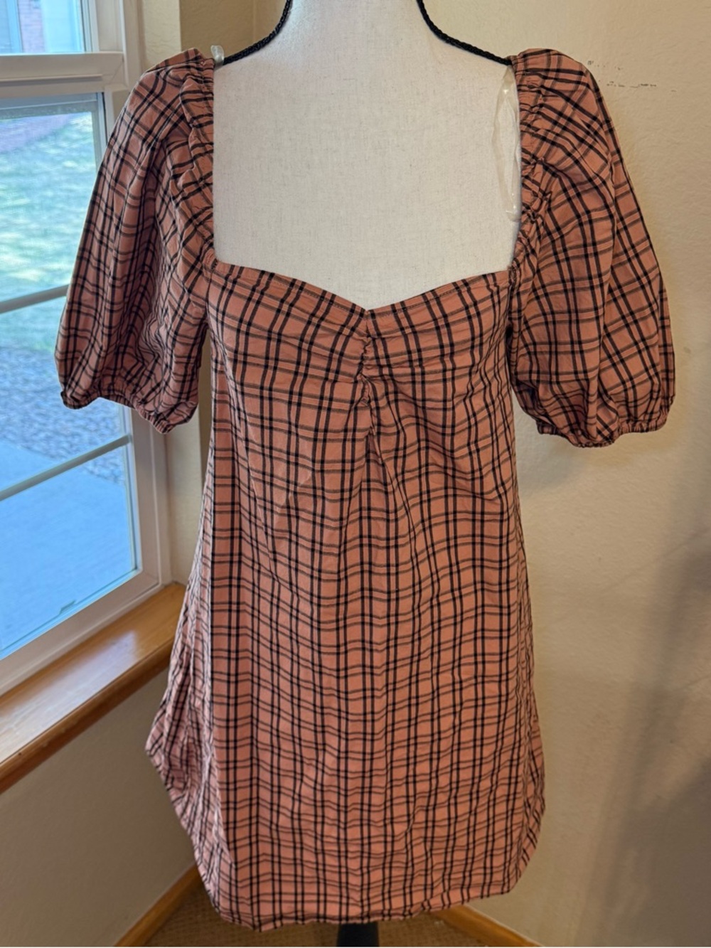 All Saints Pink Plaid Puff-Sleeve Mini Dress